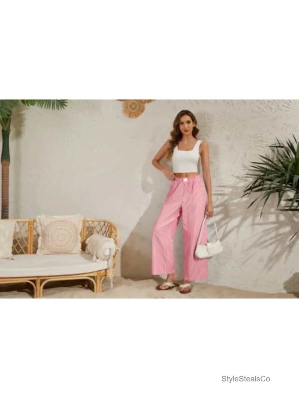 High-Waisted Wide Leg Gingham Pajama Bottoms with Pockets